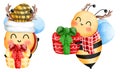 Happy little bees wearing a yellow beanie and red scarf with antler holdind colorful christmas gift boxs