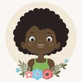 Happy little black girl portrait. Smiling black child with flowers in cartoon style. Royalty Free Stock Photo