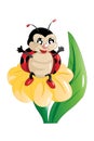A happy little black red ladybug on the yellow flower design animal cartoon vector illustration Royalty Free Stock Photo