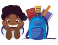 happy little black schoolboy with schoolbag and supplies