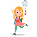 happy little blonde caucasian girl kid child school girl with her badminton racket and a school bag