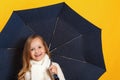 Happy little blonde girl stands under an umbrella. Baby in a beige jacket on a yellow color background. Royalty Free Stock Photo