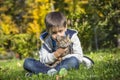 Happy little boy in the autumn park with pet kitten. Royalty Free Stock Photo