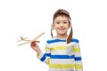 Happy little boy in aviator hat with airplane Royalty Free Stock Photo