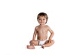 Happy little boy, baby, child in diaper isolated over white studio background. Childhood concept Royalty Free Stock Photo