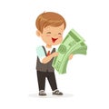 Happy little boy businessman holding a stack of money, kids savings and finance, richness of childhood vector