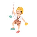 Happy Little Boy Climbing Wall Crawling Up Equipped with Rope Vector Illustration Royalty Free Stock Photo