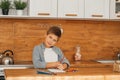 Happy Little Boy Does Homework, Writes Down Useful Information, Looks at Camera and Smiles. Distance Learning, e-Education, e- Royalty Free Stock Photo
