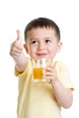 Happy little boy drinking fresh juice, isolated on white background Royalty Free Stock Photo