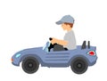 Happy little boy driving mini car vector illustration isolated on white background Royalty Free Stock Photo
