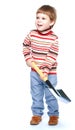 Happy little boy with entrenching shovel in his