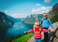 Happy little boy and girl enjoy hiking travel in nature Royalty Free Stock Photo