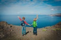 Happy little boy and girl enjoy travel in nature Royalty Free Stock Photo