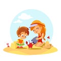 Happy little boy and girl finding crab on summer beach. Royalty Free Stock Photo