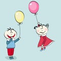 Happy little boy, girl flying with the balloon