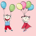 Happy little boy, girl flying with the balloons