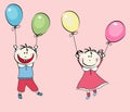 Happy little boy, girl flying with the balloons