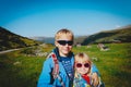 Happy little boy and girl hiking travel in nature Royalty Free Stock Photo