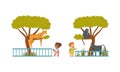 Happy Little Boy and Girl Looking at Monkey and Leopard on Tree Behind Enclosure at Zoo Vector Illustration Set Royalty Free Stock Photo