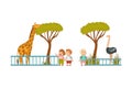 Happy Little Boy and Girl Looking at Ostrich and Giraffe Behind Enclosure at Zoo Vector Illustration Set