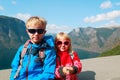 Happy little boy and girl making selfie on travel in nature Royalty Free Stock Photo