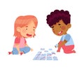 Happy Little Boy and Girl Playing Jigsaw Puzzle on the Floor Vector Illustration Royalty Free Stock Photo