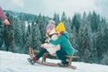 Happy little boy and girl sledding in winter. Kids sibling riding on snow slides in winter. Son and daughter enjoy a Royalty Free Stock Photo