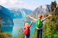 Happy little boy and girl travel in nature, family hiking Royalty Free Stock Photo