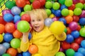 Happy little boy having fun in ball pit with colorful balls. Child playing on indoor playground Royalty Free Stock Photo