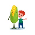 Happy little boy hugging giant sweet corn vegetable character, best friends, healthy food for kids cartoon vector