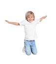 Happy little boy jumping on grey background Royalty Free Stock Photo