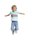 Happy little boy jumping on white Royalty Free Stock Photo