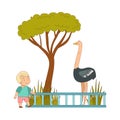 Happy Little Boy Looking at Ostrich Behind Enclosure at Zoo Vector Illustration