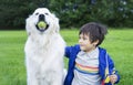 Happy little boy playing with his dog in the park, Cheerful Child stroking his dog with love and smiling face, Kid sitting with hi Royalty Free Stock Photo