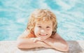 Happy little boy playing in swimming pool outdoor on hot summer day. Children fun. Enjoying in swimming pool. Royalty Free Stock Photo