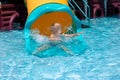 Happy little boy plays in swiming pool