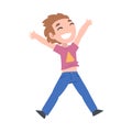 Happy Little Boy with Raising Hands, Cute Preschooler Kid Having Fun Cartoon Style Vector Illustration