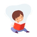 Happy Little Boy Reading Book, Cute Kid Sitting on Floor with Book, Education and Imagination Concept Cartoon Style Royalty Free Stock Photo