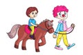 Happy little boy riding horse led by circus clown Royalty Free Stock Photo