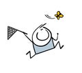 Happy little boy runs on meadow with net and catches summer butterfly. Vector illustration of cartoon stickman kid