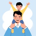 Happy little boy sits on the shoulders of the father. The concept of a friendly family. Father`s Day