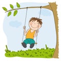 Happy little boy sitting on swing, swinging under the tree Royalty Free Stock Photo