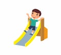 Happy little boy slides off a children`s slide. Joyful child, summer vacation. ÃÂ¡oncept of vacation and entertainment on the Royalty Free Stock Photo