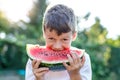 Happy little boy with smile bite into watermelon outdoor