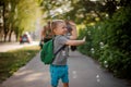 Happy little boy with soap bubbles in summer park on sunny day Royalty Free Stock Photo