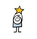 Happy little boy stickman holds a big gold star in rising up hands above his head.