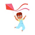 Happy Little Boy in Sunglasses Flying Kite Enjoying Summertime Vector Illustration Royalty Free Stock Photo