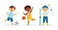 Happy little boys doing different sports vector set. Kids play football, basketball, and skiing. Children&#s