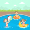 Happy Little Boys and Girls Swimming and Playing Ball in a Pool Vector illustration Royalty Free Stock Photo