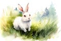Happy little bunny hops and plays jumping through the grass, created with Generative AI technology